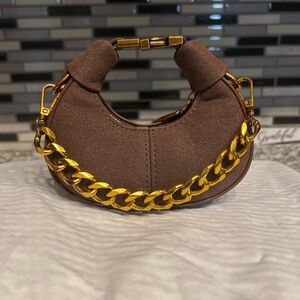 Brown Suede mini Bag with Gold Chain
